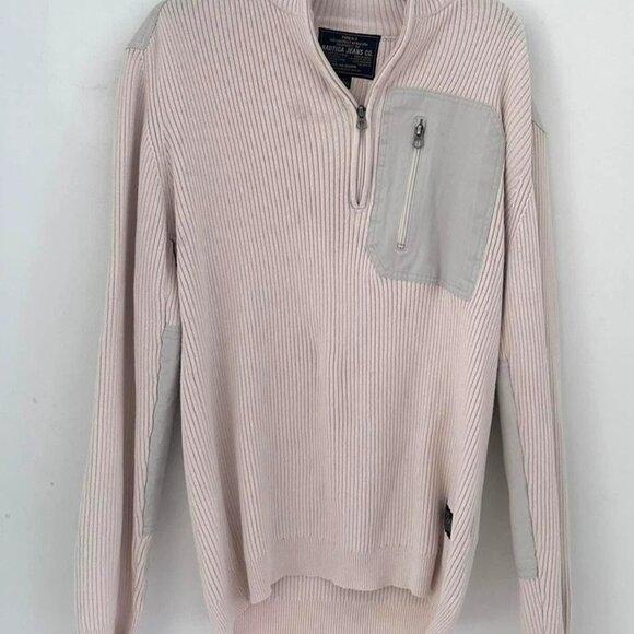 Nautica Jeans Co. Men's XL 1/4 Zip Sweater Beige Gray Ribbed Knit Elbow Patches - Picture 2 of 4